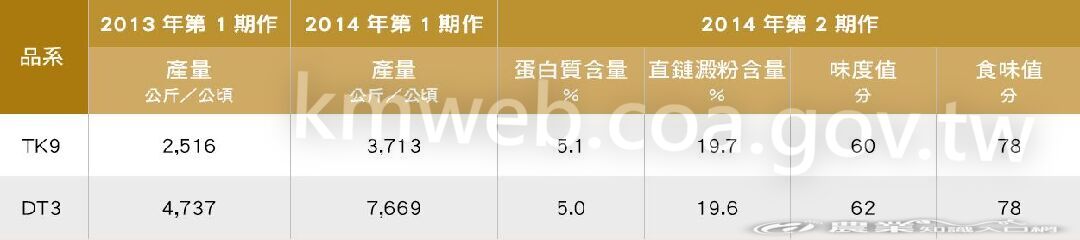 台稉9號、DT3產量與食用品質表現