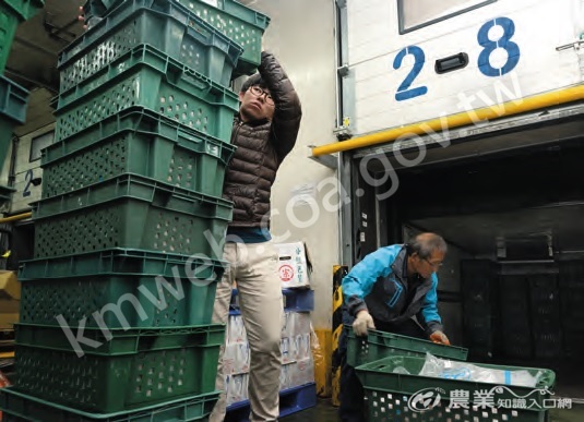 物流士將貨物搬上貨車時，冷藏車車廂與出貨口密合，避免生鮮蔬果、食品失溫。