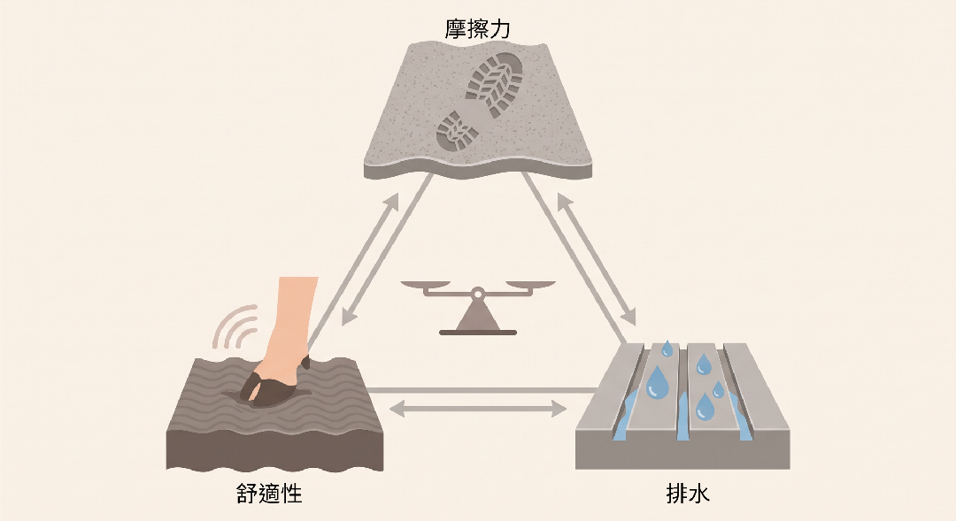 摩擦力、排水、蹄部舒適三方取捨示意圖