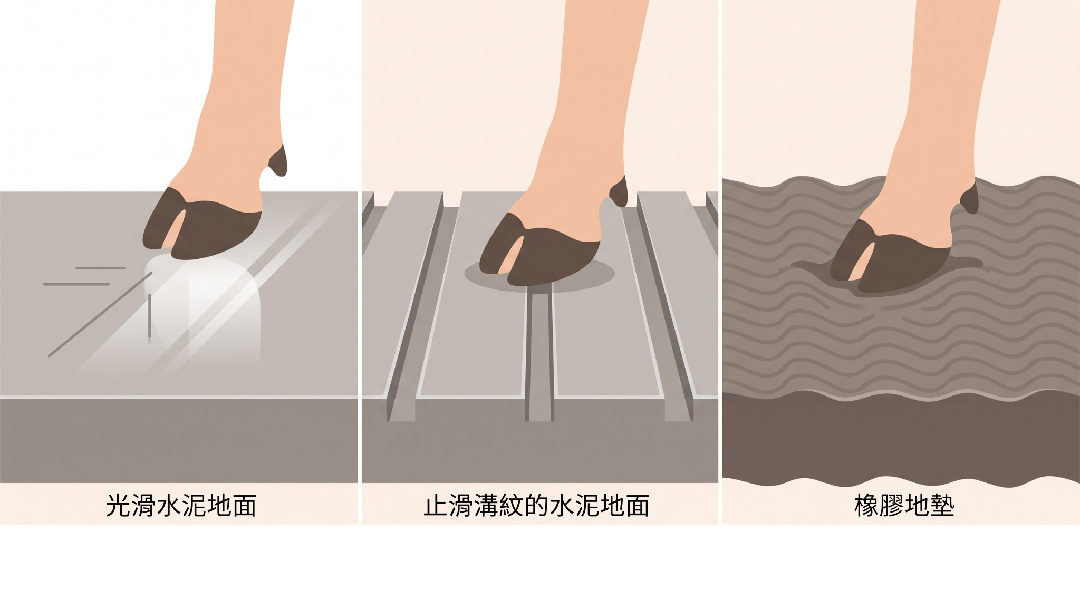 水泥地面、止滑溝紋地面與橡膠墊地面三種牛舍地板材質比較示意圖