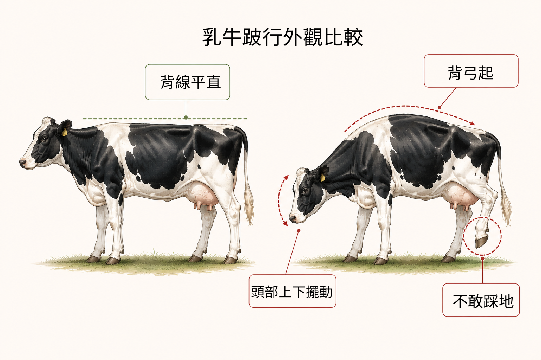 正常乳牛與跛行乳牛的外觀比較：背線平直 vs 背弓起、頭部上下擺動、後蹄不敢踩地