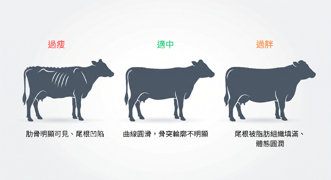 過瘦、適中、過胖三種體態評分（BCS）輪廓比較