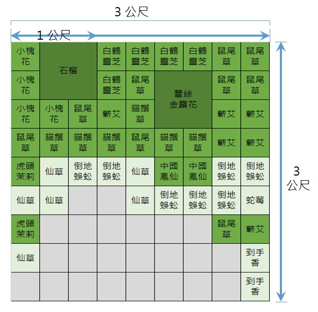 3x3高齡療育花園植物配方示意圖